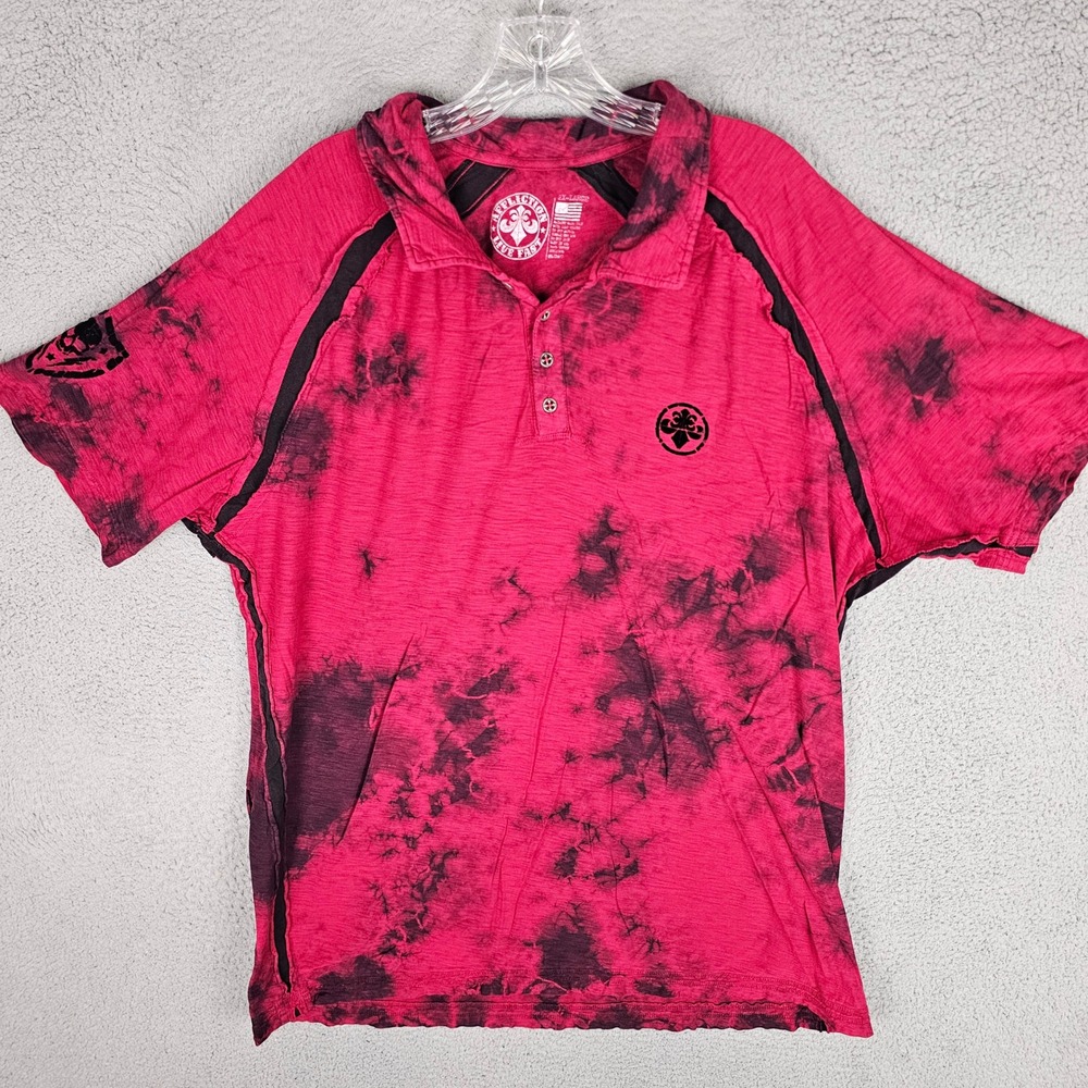 Affliction Polo Shirt Mens 2XL Red Tie Dye Live Fast Slub Knit Skull Graphic